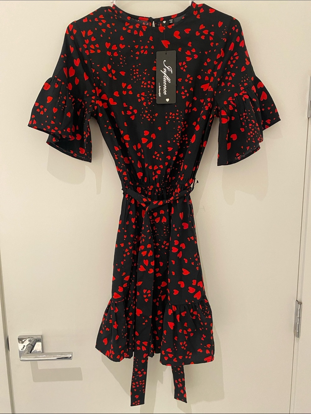 NWT Influence Black With Red Hearts Short Sleeved Mini Dress US 4 (UK 8)